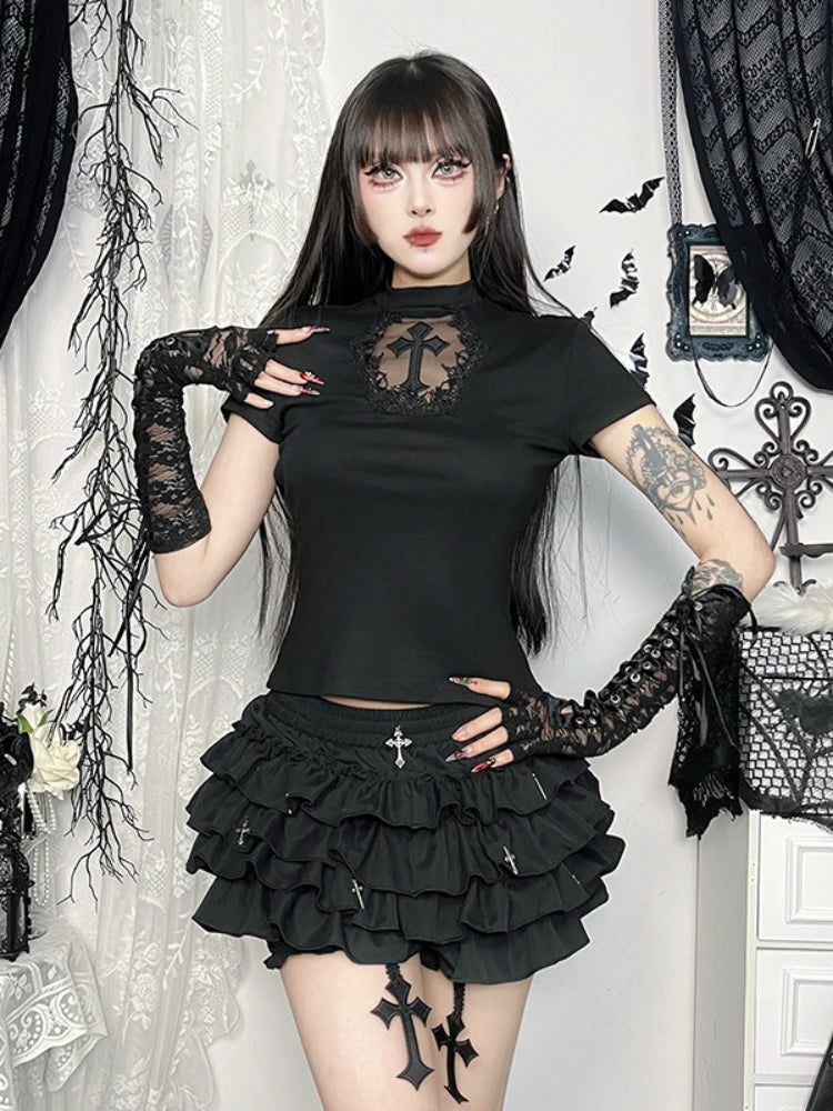 AltGoth Mall Goth Cake Shorts Women Hotsweet Y2k E-girl Harajuku Cross Pendant Culottes Aesthetic Fairycore Cute Kawaii Shorts