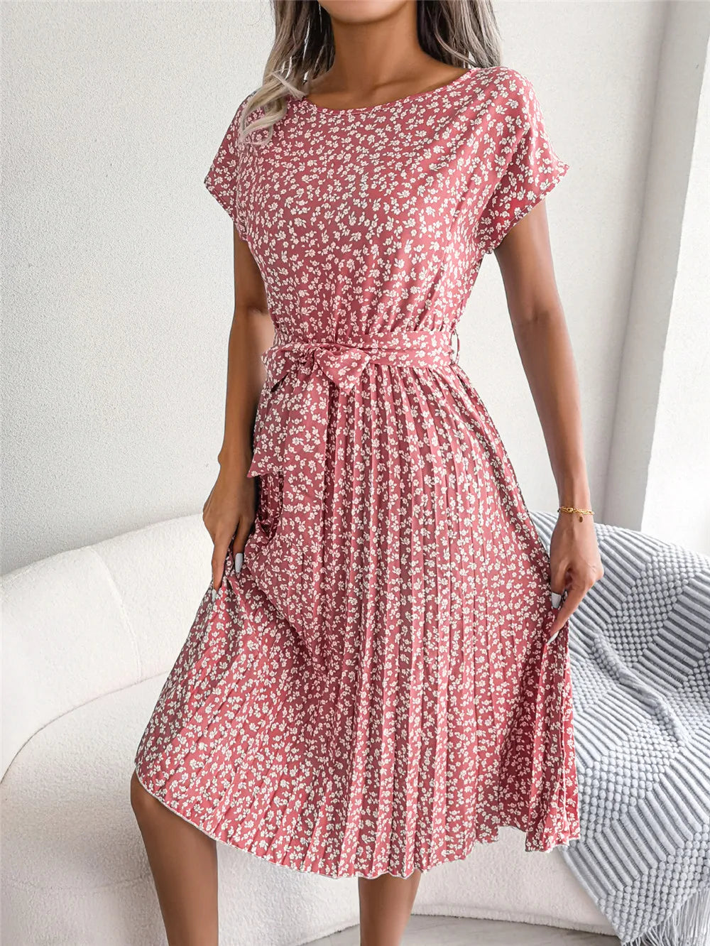 Women's Floral Pleated A Line Long Dress, Short Sleeve, High Waist, Chic, Spring, Summer