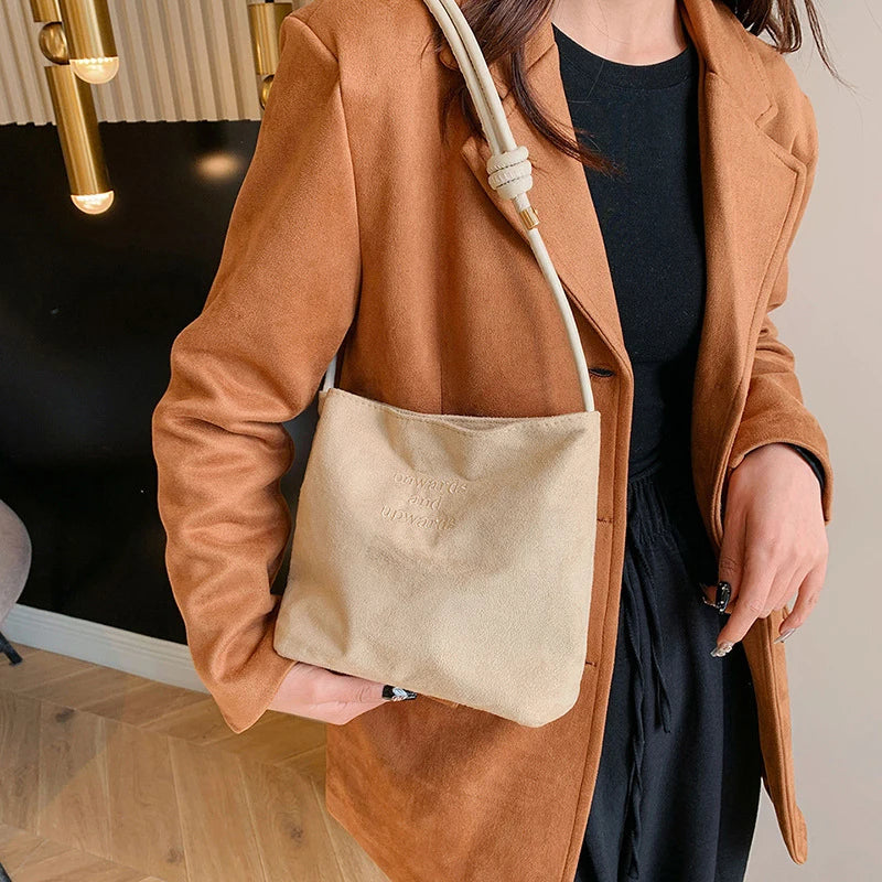 Suede Handbag Casual Rope Buckle Design Multicolor Shoulder Bag Adjustable Straps Tote Work Crossbody Bucket Bag