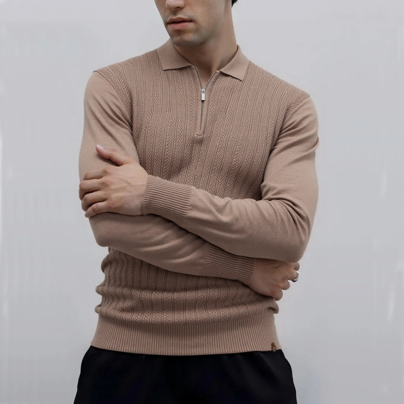 AIOPESON Zip Placket Polo Shirt Men Premium Solid Color Slim Fit Long Sleeve Textured Fabric Business Casual Autumn Winter