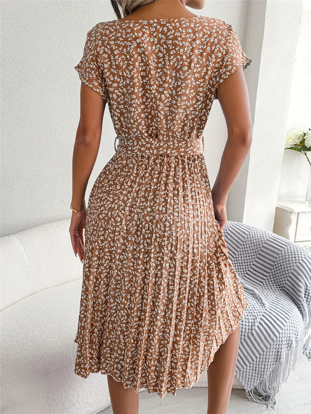Women's Floral Pleated A Line Long Dress, Short Sleeve, High Waist, Chic, Spring, Summer