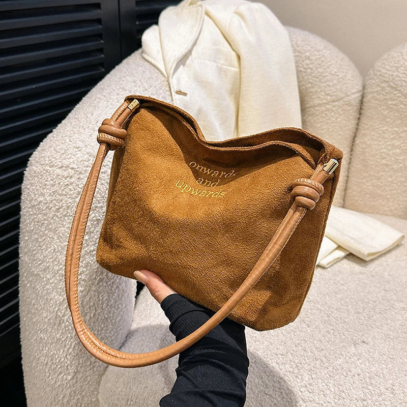 Suede Handbag Casual Rope Buckle Design Multicolor Shoulder Bag Adjustable Straps Tote Work Crossbody Bucket Bag