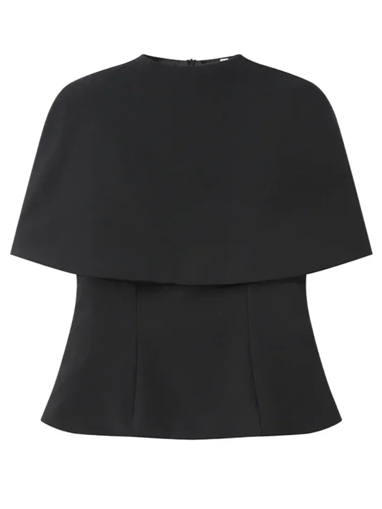 Elegant Black Turtleneck Cloak Tops Women Solid Short Sleeve Waist Cinching A-line Short Top 2026 Lady Spring Street Outwear