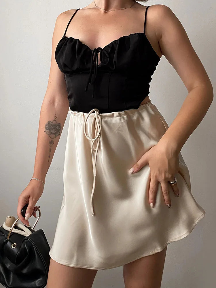 Satin Mini Skirts Women Summer Beige Silk Short Skirt For Woman Drawstring High Waist Black Satin Skirt A Line Women Short 2026