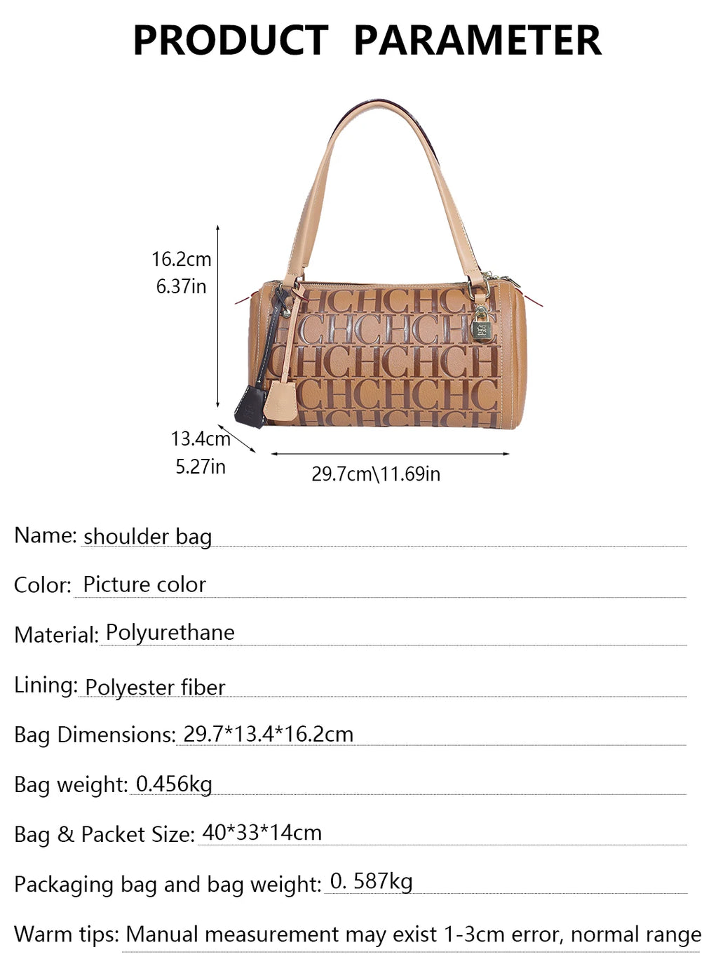 2025Vintage Style CH Brand Fashion Embossed Letter Cylindrical Handbag Large Capacity Commuter Shoulder Bag
