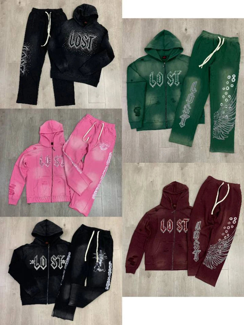 High Street Lose Rhineston Brilliant Shinning Zipper Hooded Hoodies for Men Cardigan Terry Loose Casual Sweatshirt Jacket