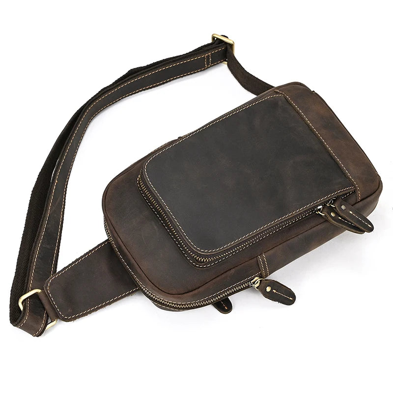 Mans 100% Genuine Leather Sling Bag Men Messenger Bags for Men Black Chest Bags for Phone Casual Sport Shoulder Bag