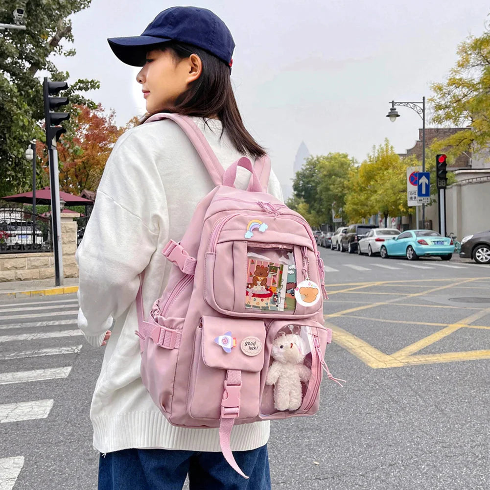 Woman Backpack Fashion College Student Rucksack Nylon with Plush Pendant Pin Kawaii Large Capacity Japanese Style for Teen Girls