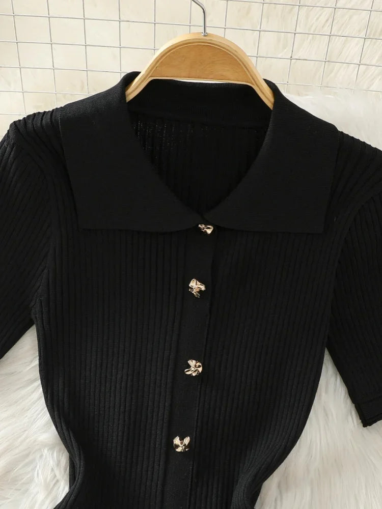 Summer 2024 New Women's Black Beige Single Breasted Knitted Long Dress Green Elegant Office Lady Short Sleeve Pleated Dress Chic