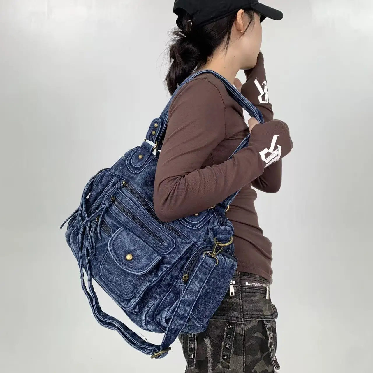 Y2K Street Personalized Women's Multi Pocket Shoulder Bag Large Capacity Retro Motorcycle Tote Bag