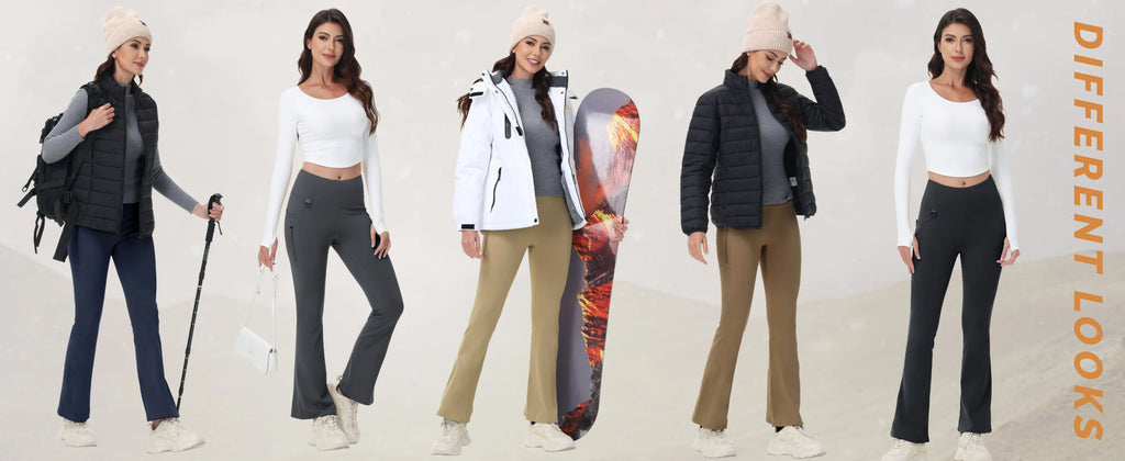 TACVASEN Fleece Lined Flare Pants Women's Waterproof Insulated Winter Pants High Waisted Bootcut Hiking Yoga Leggings Pockets