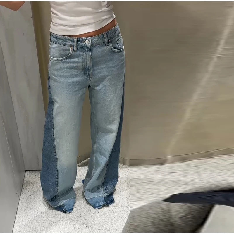 Chic Women's Side Patchwork Denim Jeans Pant High Waist Wide Leg Baggy Pants For Woman 2025 New Casual Daily Streetwear Trousers