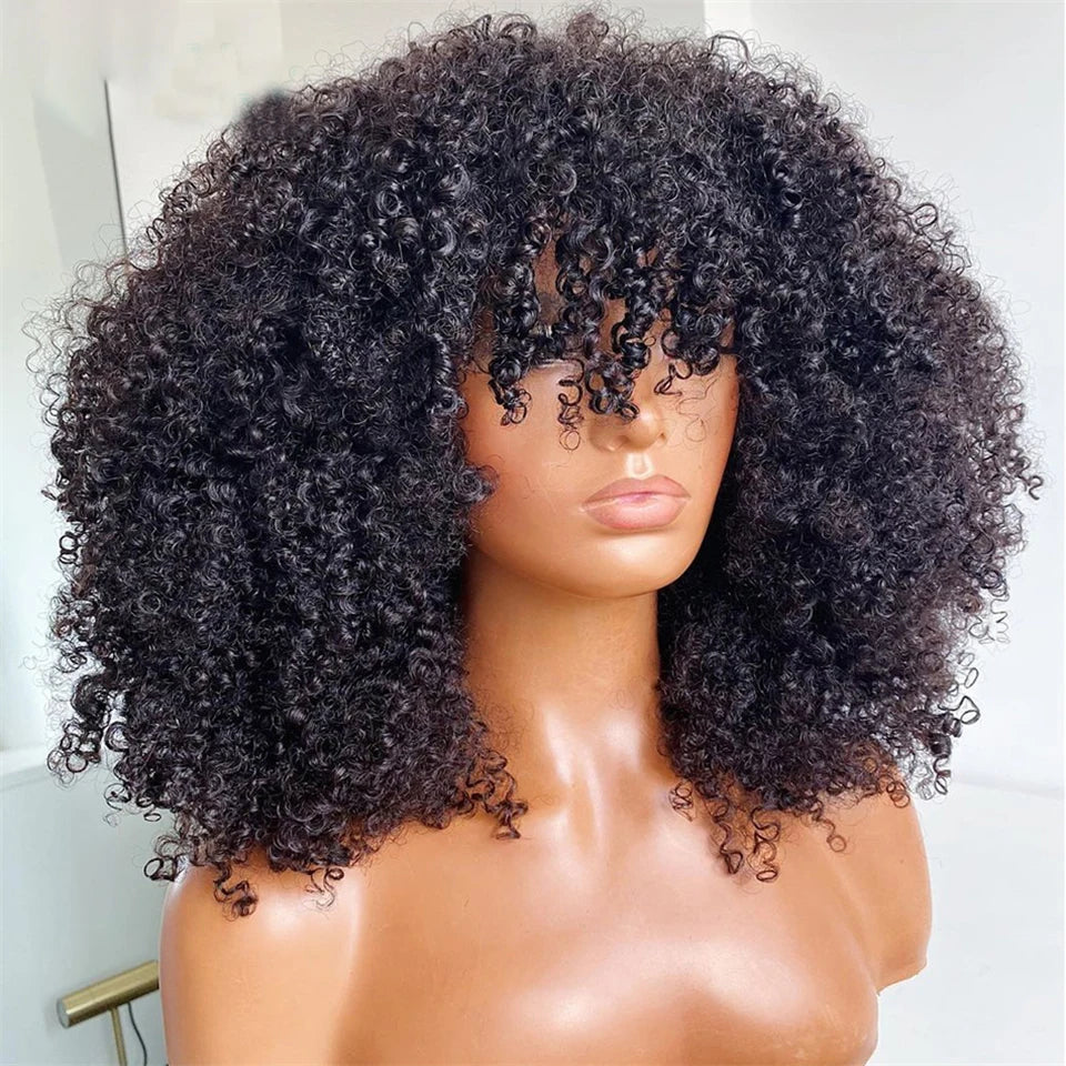 Mongolian Afro Kinky Curly Hunan Hair Wigs With Bangs Full Machine Made Wig 250 Density Remy Brazilian Short Curly Bangs Wig