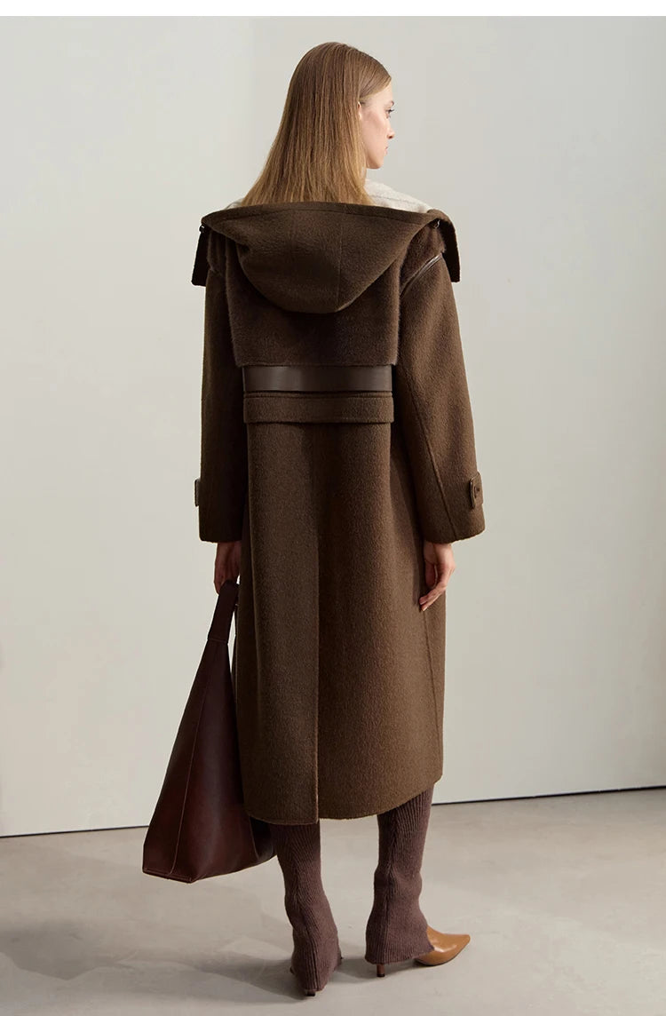 Amii Minimalist 2025 Winter Women's Jacket Hooded Splicing Zipper PU Leather Loose Long Coat Two Wear Wool Coats 12444138
