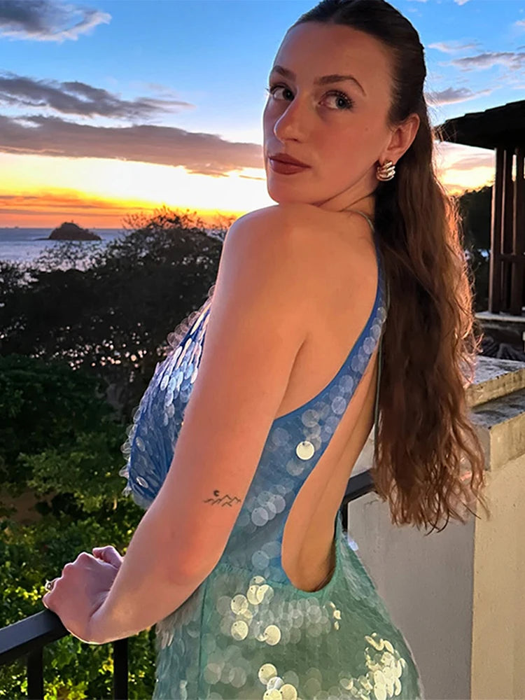 Halter Sequin Short Dress Color Patchwork Hollow Out Hanging Neck Socialite Gown Sexy Backless Slim Fit Beach Beaded Dresses New