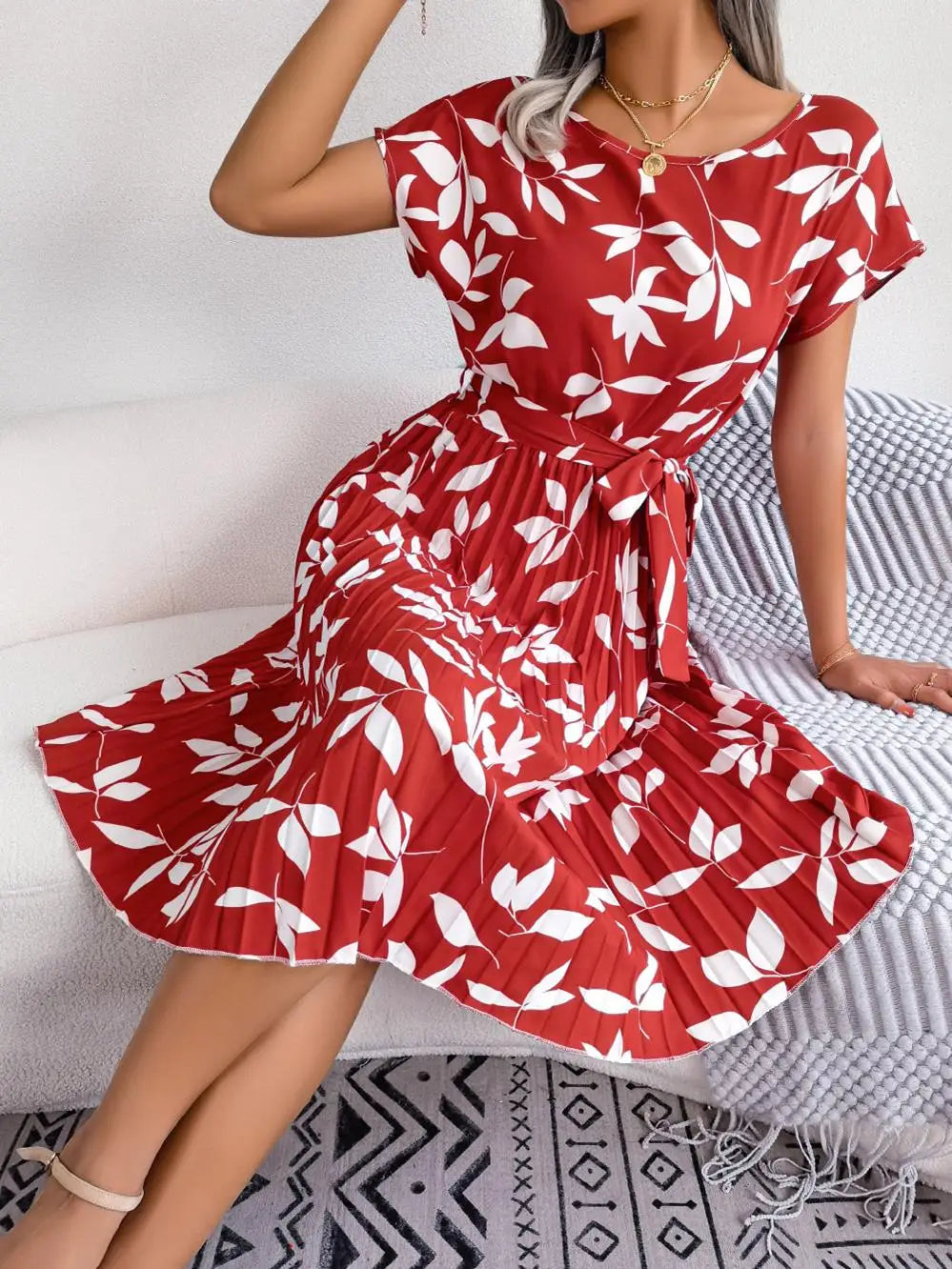Women's Floral Pleated A Line Long Dress, Short Sleeve, High Waist, Chic, Spring, Summer