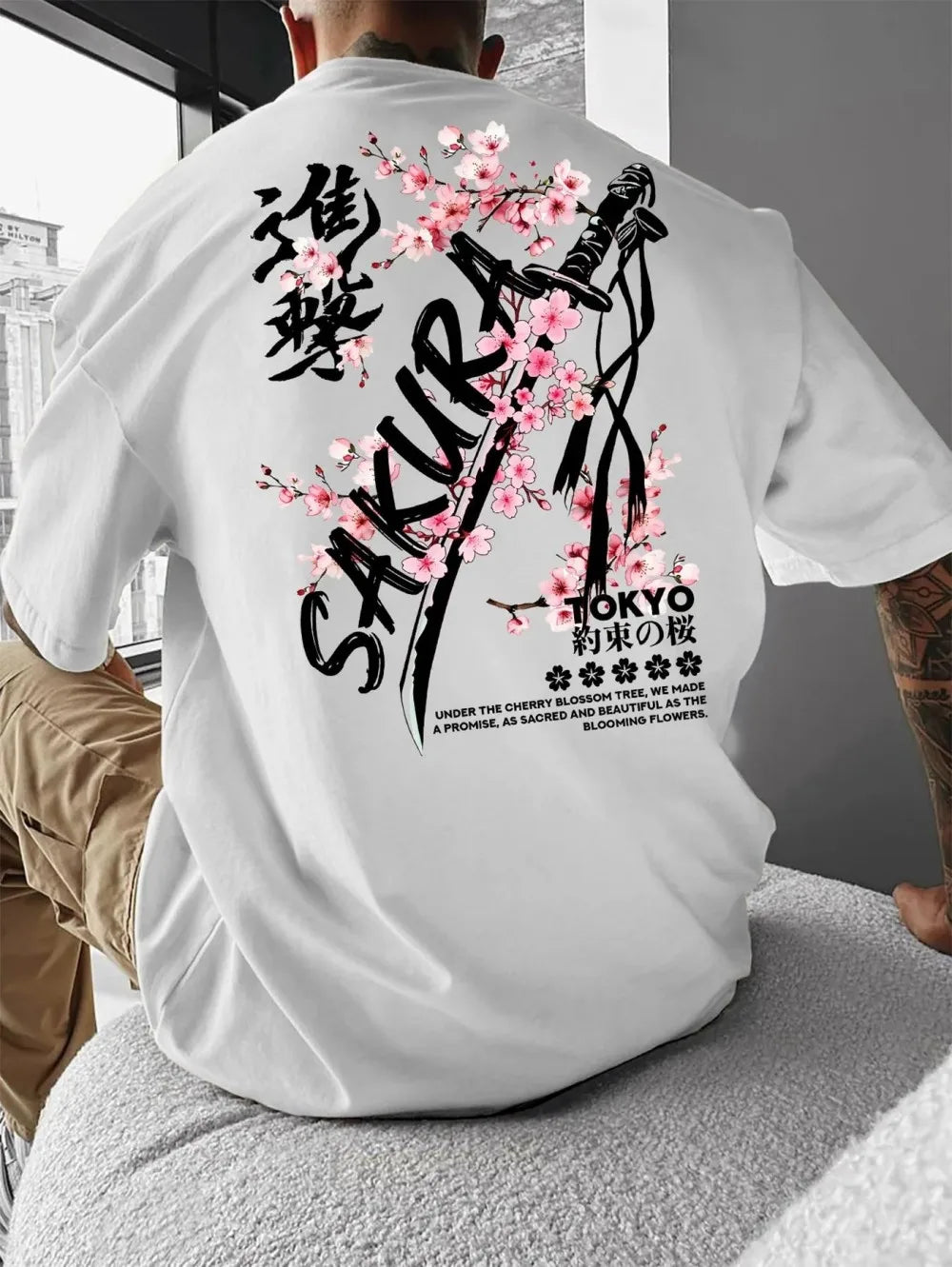 Fashionable men's summer personalized letter cherry blossom print soft and breathable round neck T-shirt outdoor festival street