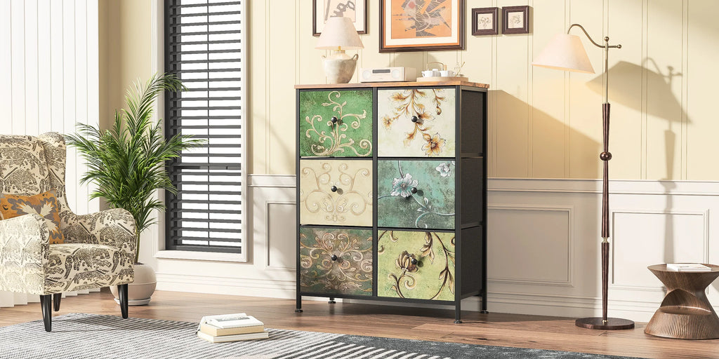 Rosahqnda Vintage Cabinet with fabric Drawers TV Stand Chest of Drawers for Living Room Dining Room Bedroom Iron Frame