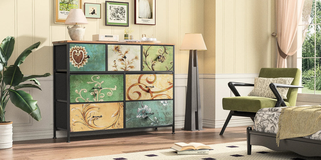 Rosahqnda Vintage Cabinet with fabric Drawers TV Stand Chest of Drawers for Living Room Dining Room Bedroom Iron Frame