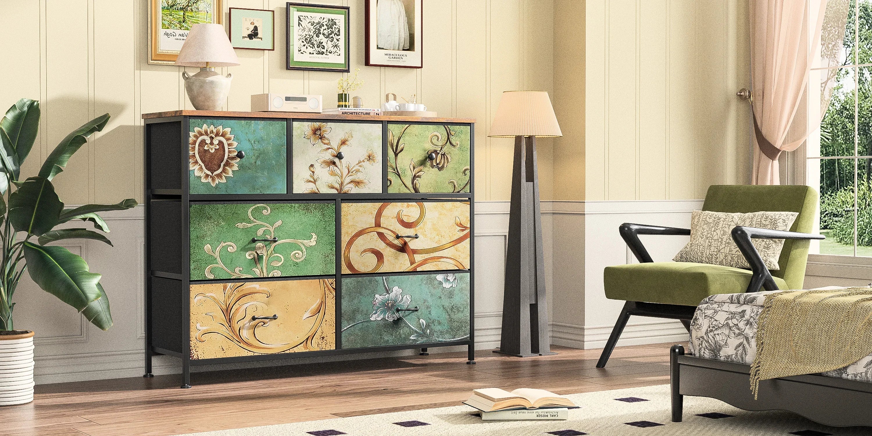 Rosahqnda Vintage Cabinet with fabric Drawers TV Stand Chest of Drawers for Living Room Dining Room Bedroom Iron Frame