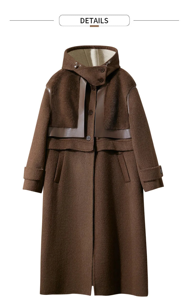 Amii Minimalist 2025 Winter Women's Jacket Hooded Splicing Zipper PU Leather Loose Long Coat Two Wear Wool Coats 12444138
