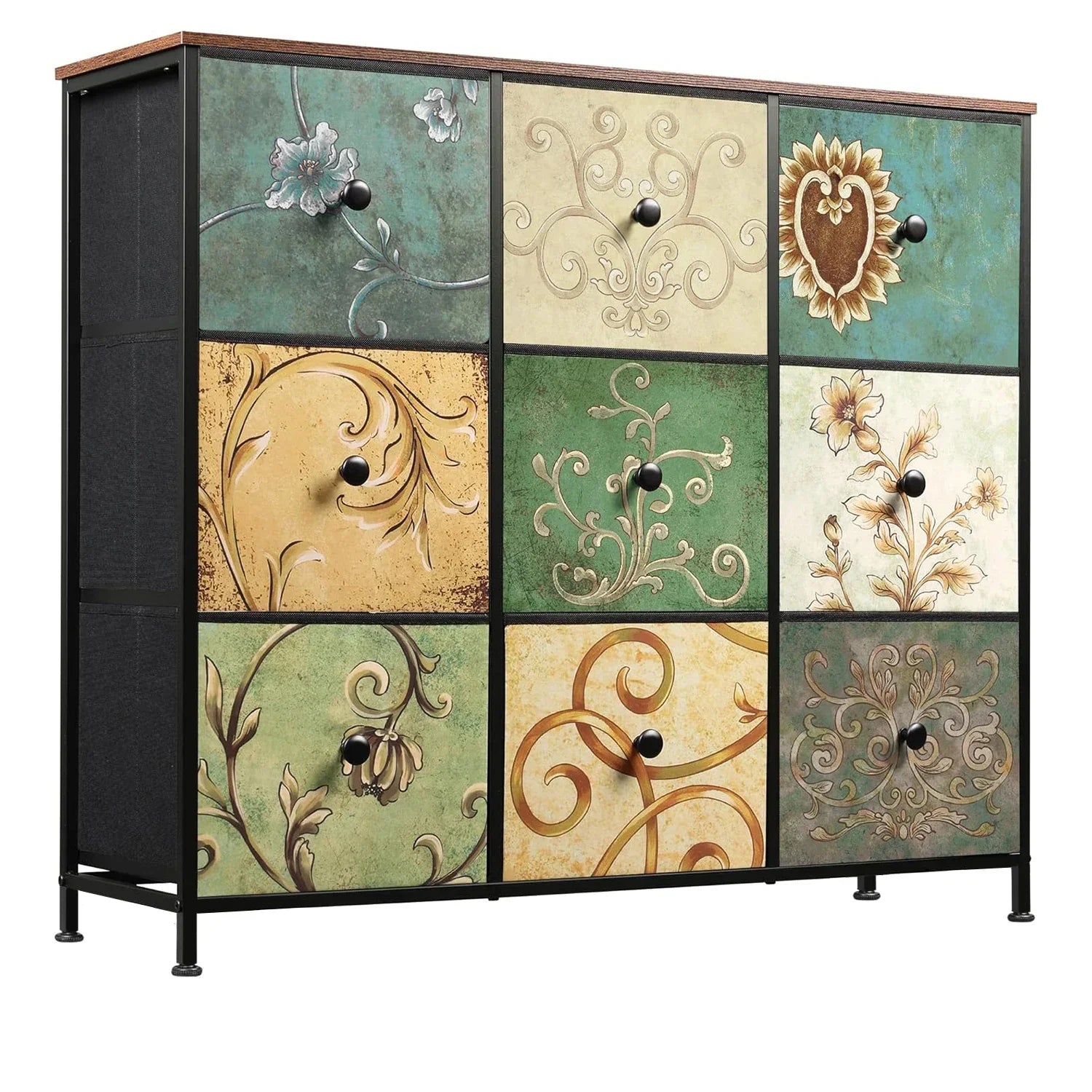 Rosahqnda Vintage Cabinet with fabric Drawers TV Stand Chest of Drawers for Living Room Dining Room Bedroom Iron Frame