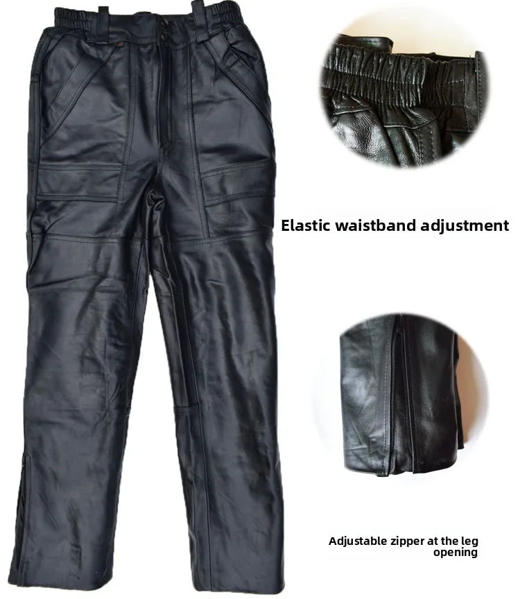 Leather Motorcycle Pants Men's Sheepskin Top Layer Loose Casual Trousers Autumn Winter High Waist Deep Crotch Business Scenarios