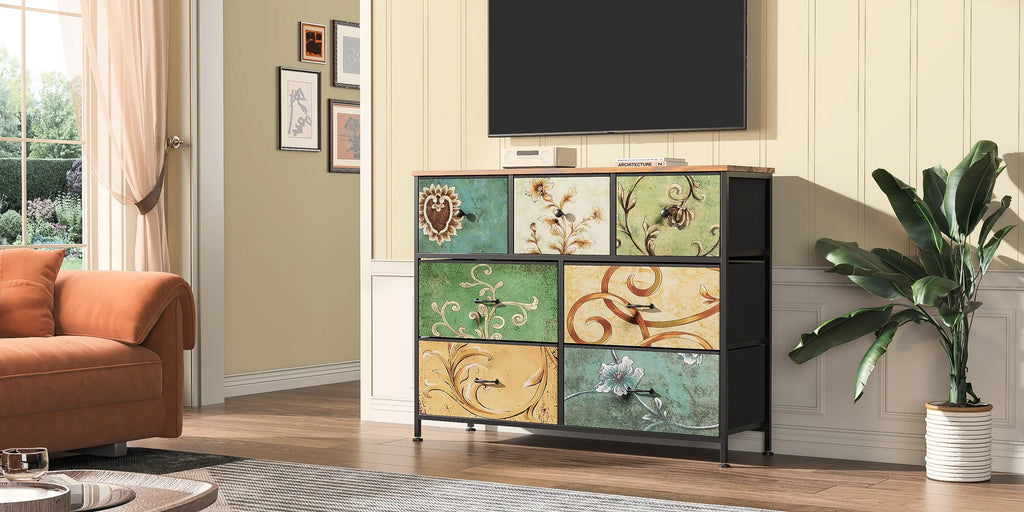 Rosahqnda Vintage Cabinet with fabric Drawers TV Stand Chest of Drawers for Living Room Dining Room Bedroom Iron Frame