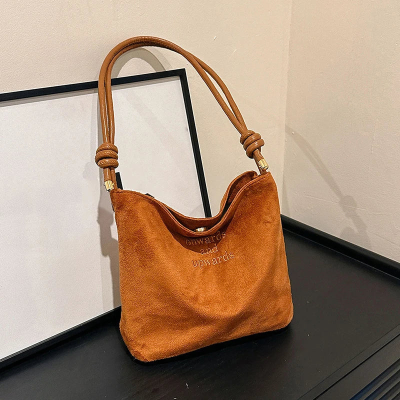Suede Handbag Casual Rope Buckle Design Multicolor Shoulder Bag Adjustable Straps Tote Work Crossbody Bucket Bag