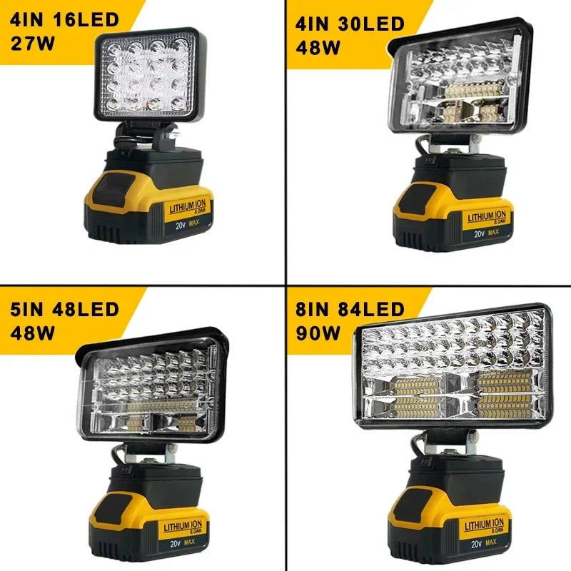 Portable LED Light Spotlights, Cordless, Outdoor Work, Fishing, Handheld Emergency Tool, Dewalt 18V Battery, 3 ", 4", 5 ", 8"