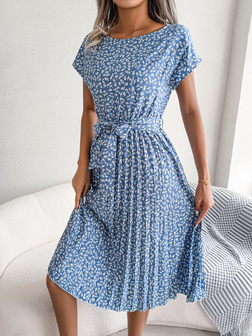 Women's Floral Pleated A Line Long Dress, Short Sleeve, High Waist, Chic, Spring, Summer