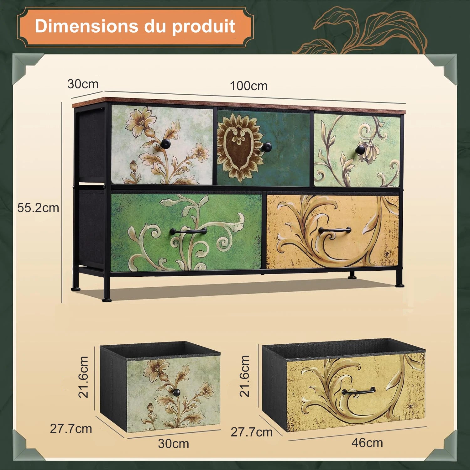 Rosahqnda Vintage Cabinet with fabric Drawers TV Stand Chest of Drawers for Living Room Dining Room Bedroom Iron Frame