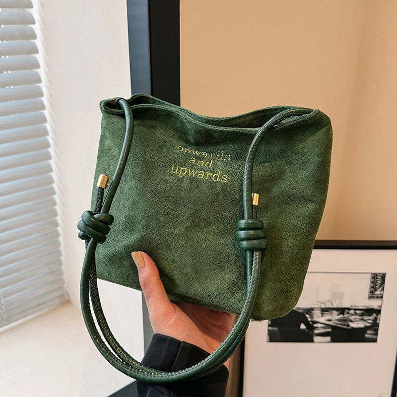 Suede Handbag Casual Rope Buckle Design Multicolor Shoulder Bag Adjustable Straps Tote Work Crossbody Bucket Bag