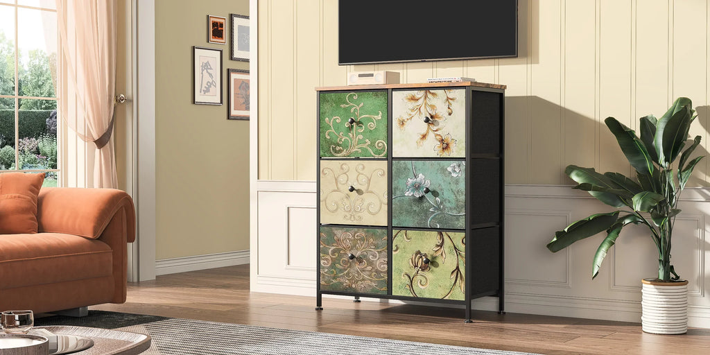 Rosahqnda Vintage Cabinet with fabric Drawers TV Stand Chest of Drawers for Living Room Dining Room Bedroom Iron Frame