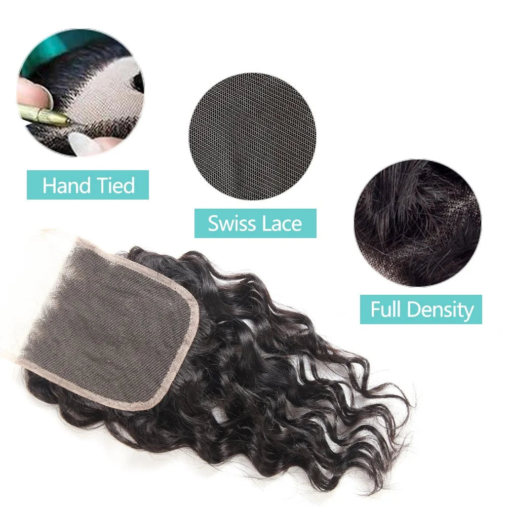 Malaysian Water Wave Bundles with Closure 12A Bundles Human Hair Ocean Wave Wet and Wavy Human Hair Bundles with Lace Closure