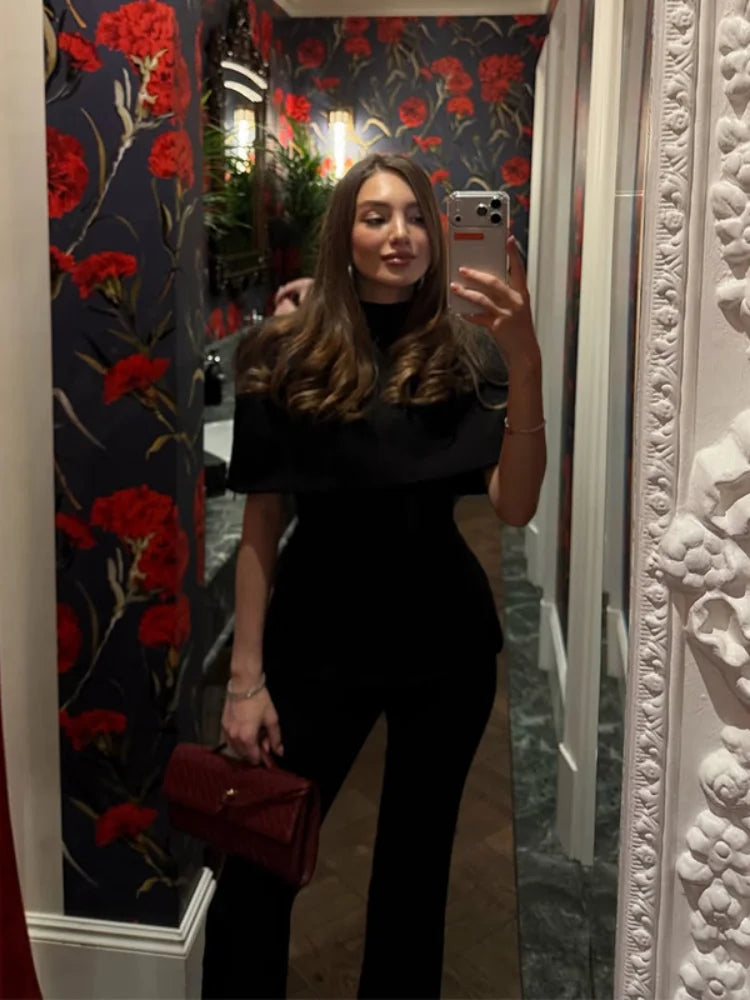 Elegant Black Turtleneck Cloak Tops Women Solid Short Sleeve Waist Cinching A-line Short Top 2026 Lady Spring Street Outwear