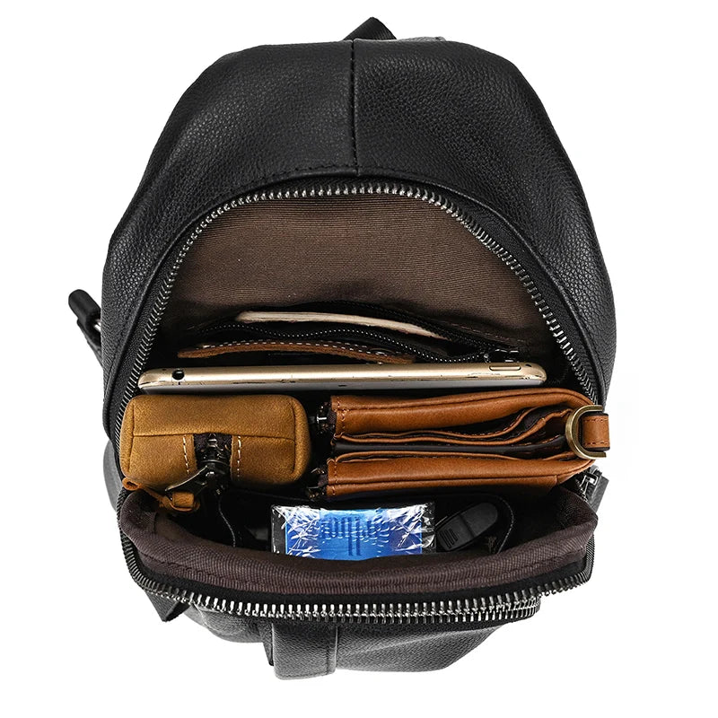 Mans 100% Genuine Leather Sling Bag Men Messenger Bags for Men Black Chest Bags for Phone Casual Sport Shoulder Bag