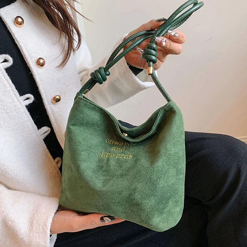 Suede Handbag Casual Rope Buckle Design Multicolor Shoulder Bag Adjustable Straps Tote Work Crossbody Bucket Bag