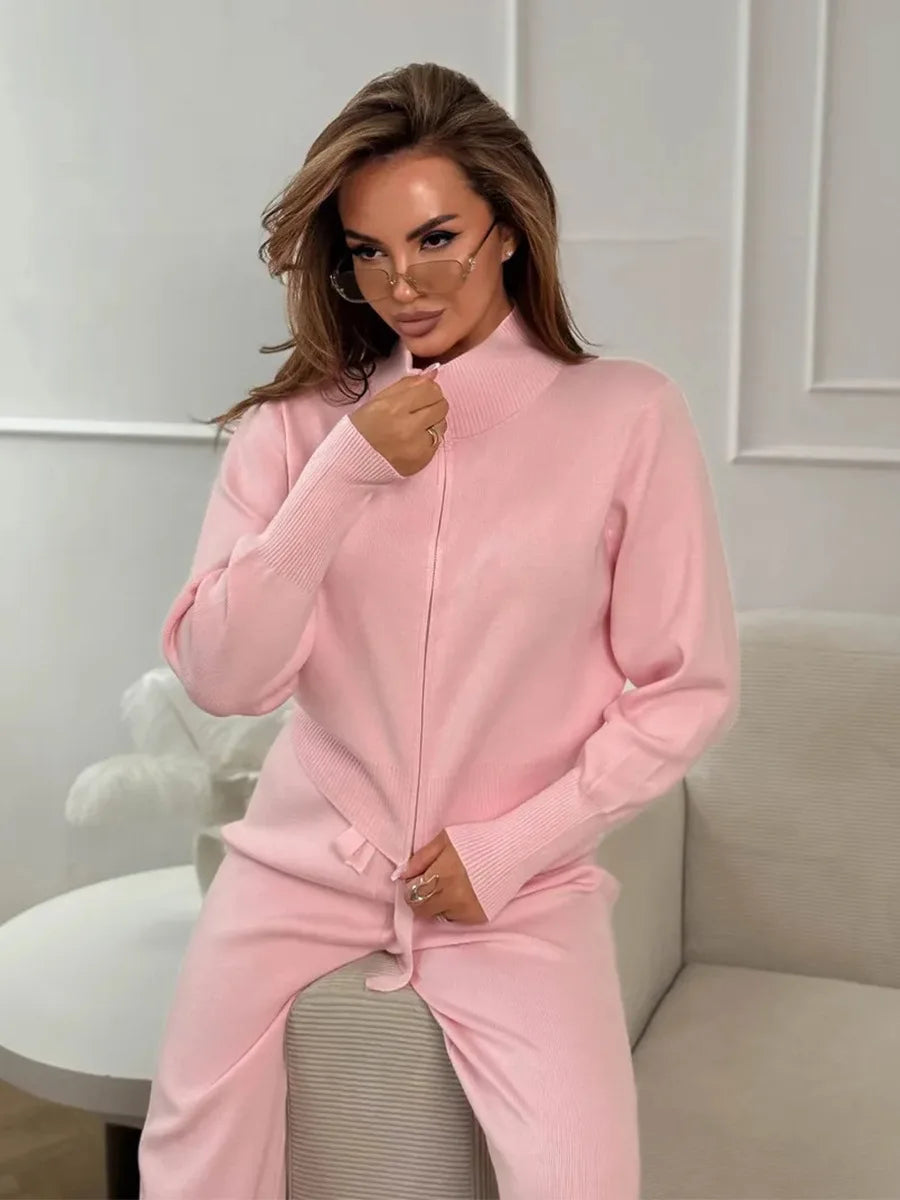Bornladies Women's New Knit Zip Up Cardigan Wide Leg Pants Set Soft Fabric Cropped Elastic Waist Autumn Winter Fashion Sweater