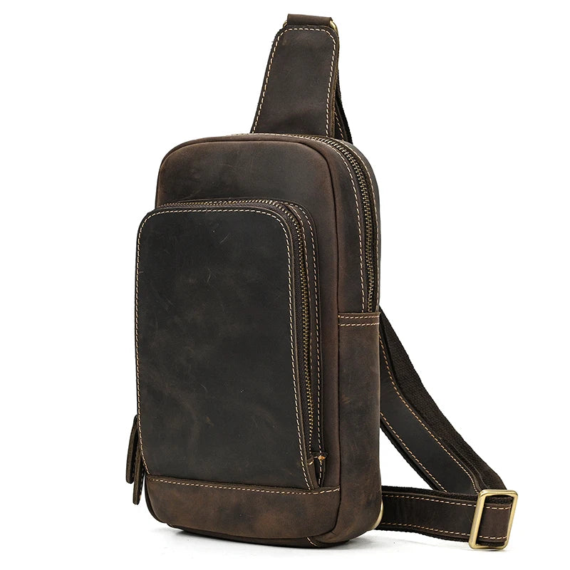 Mans 100% Genuine Leather Sling Bag Men Messenger Bags for Men Black Chest Bags for Phone Casual Sport Shoulder Bag