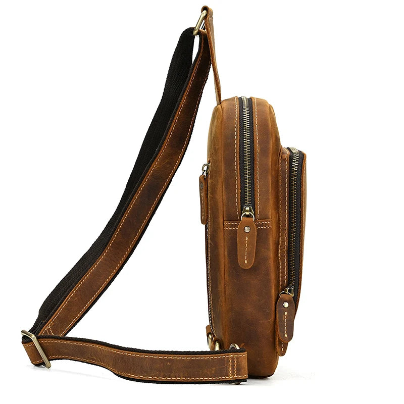 Mans 100% Genuine Leather Sling Bag Men Messenger Bags for Men Black Chest Bags for Phone Casual Sport Shoulder Bag