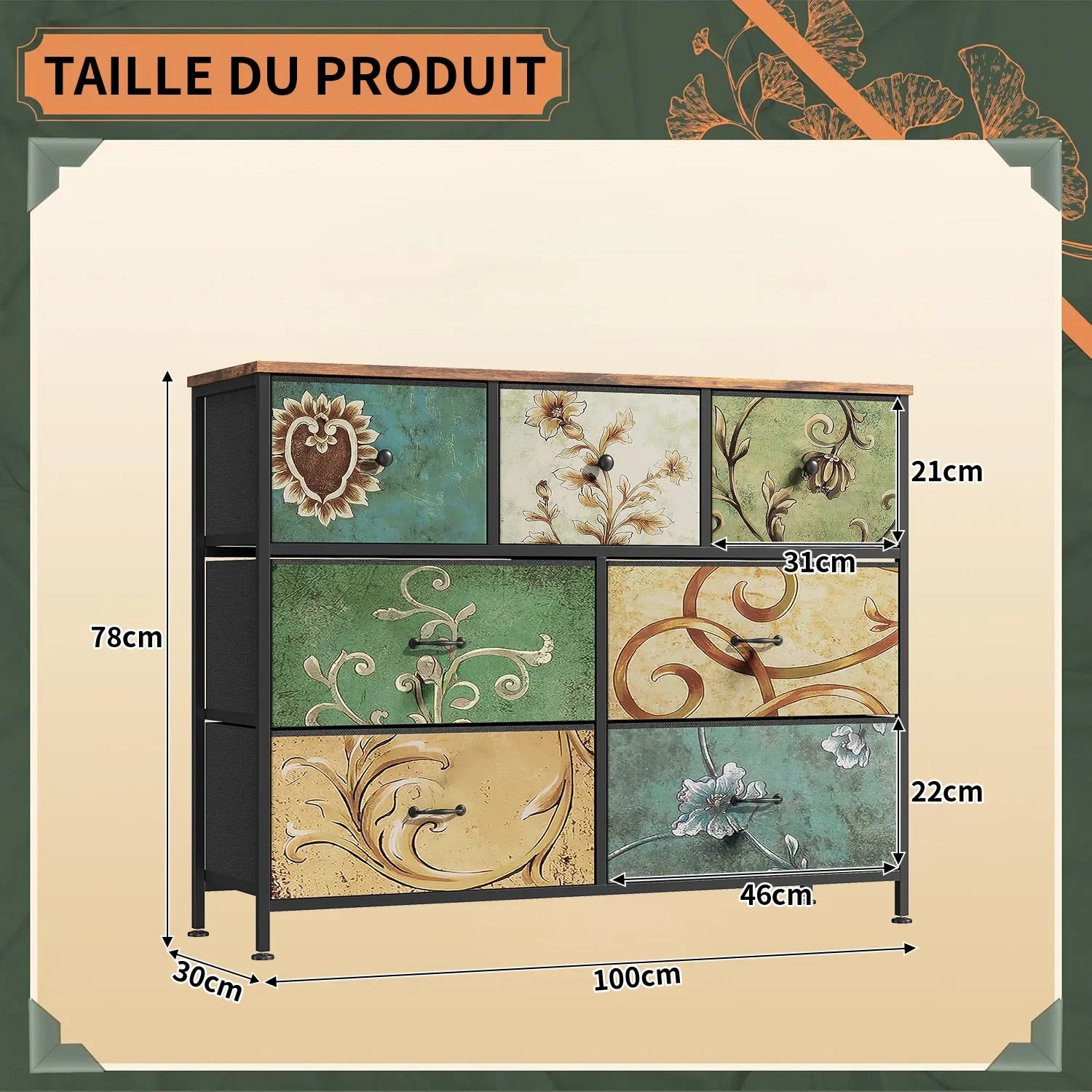 Rosahqnda Vintage Cabinet with fabric Drawers TV Stand Chest of Drawers for Living Room Dining Room Bedroom Iron Frame