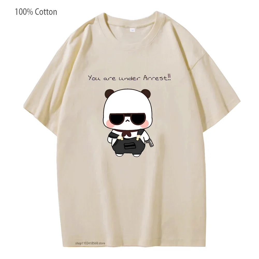 Cute Dudu and Bubu Dudu Like Spy Officer In Black T-Shirts 100% Cotton Clothes Panda and Brownie Bear Tees Men Women Couple Tops