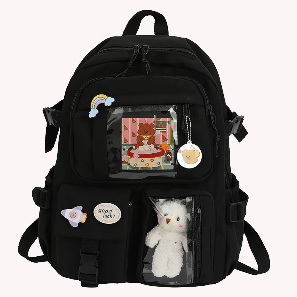 Woman Backpack Fashion College Student Rucksack Nylon with Plush Pendant Pin Kawaii Large Capacity Japanese Style for Teen Girls