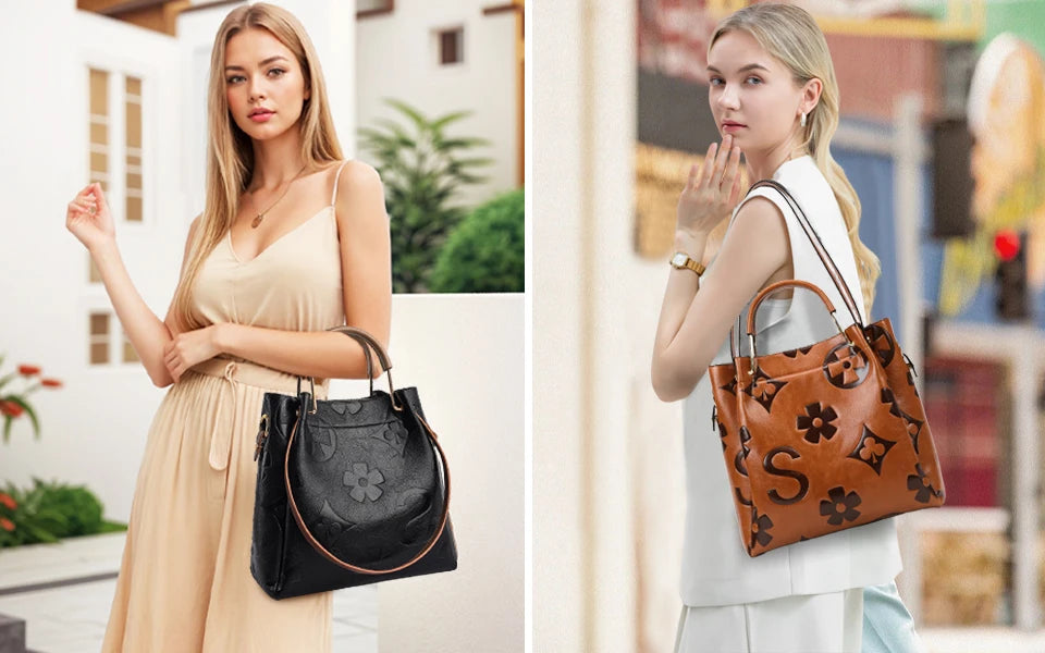 Floral Handbags Purses Women Tote Bag - Embossed Leather Top Handle Handbag Set Large Shoulder Bag Ladies Bucket Hobo Bag