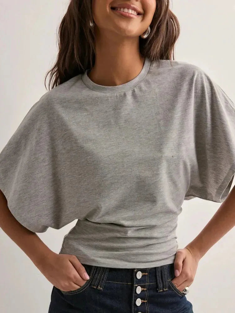 2025 casual solid color simple top round neck short sleeved women's T-shirt