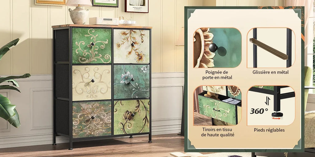 Rosahqnda Vintage Cabinet with fabric Drawers TV Stand Chest of Drawers for Living Room Dining Room Bedroom Iron Frame