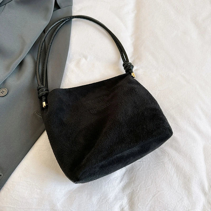 Suede Handbag Casual Rope Buckle Design Multicolor Shoulder Bag Adjustable Straps Tote Work Crossbody Bucket Bag