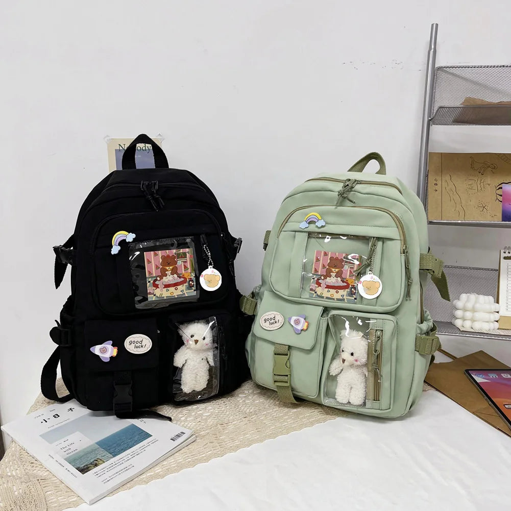 Woman Backpack Fashion College Student Rucksack Nylon with Plush Pendant Pin Kawaii Large Capacity Japanese Style for Teen Girls