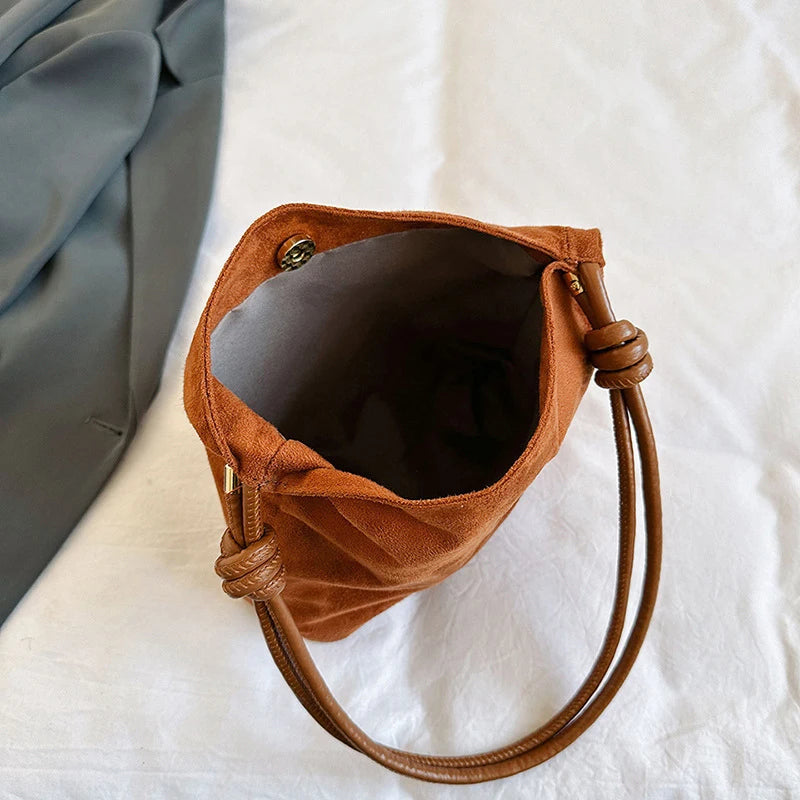 Suede Handbag Casual Rope Buckle Design Multicolor Shoulder Bag Adjustable Straps Tote Work Crossbody Bucket Bag